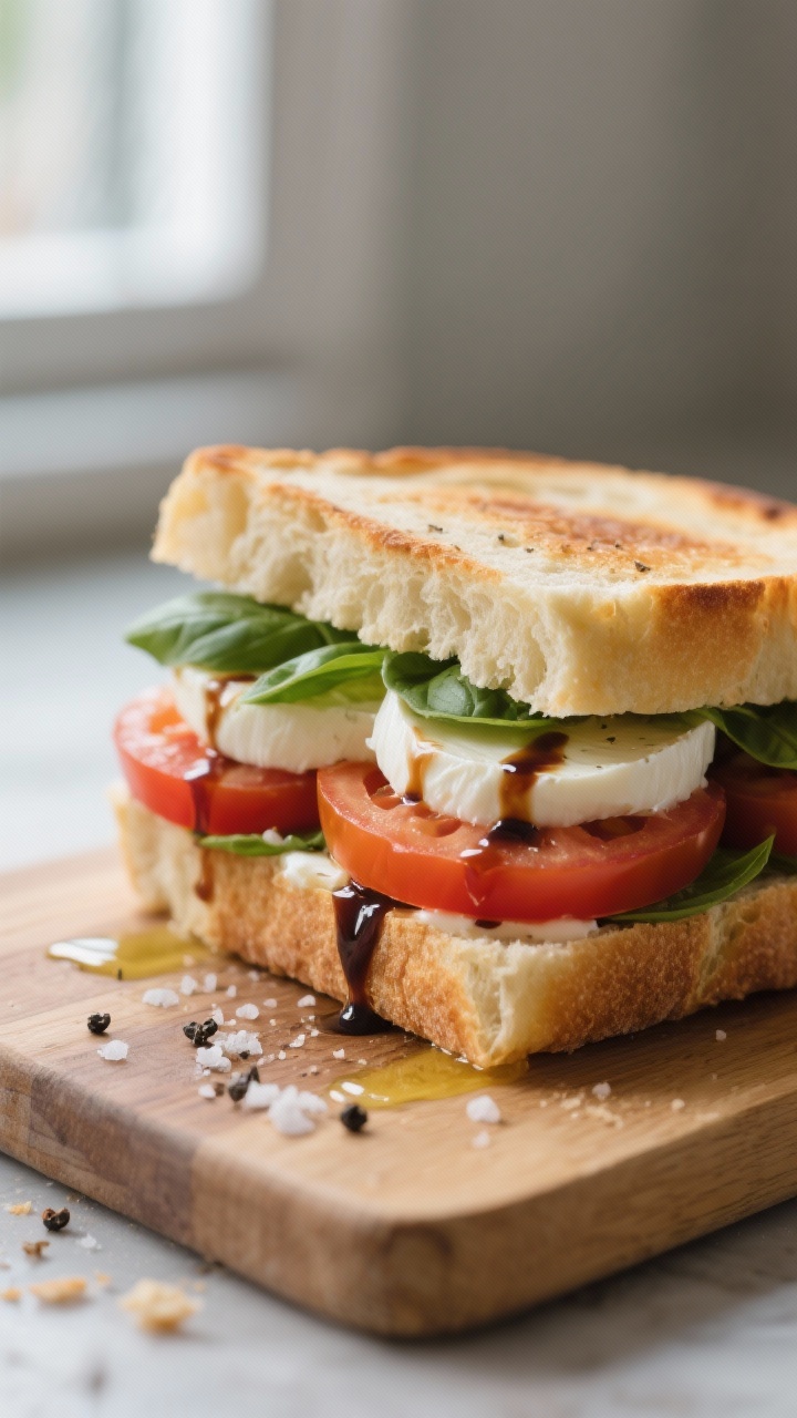 Close-up detail: A freshly assembled Caprese sandwich half on a cutting board, showing layers of sil