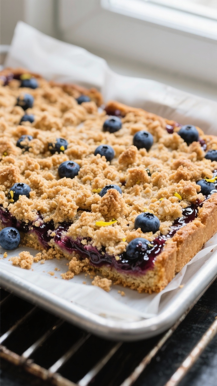 Close-up detail: A freshly baked tray of blueberry crumble bars cooling on a rack, golden-brown crum