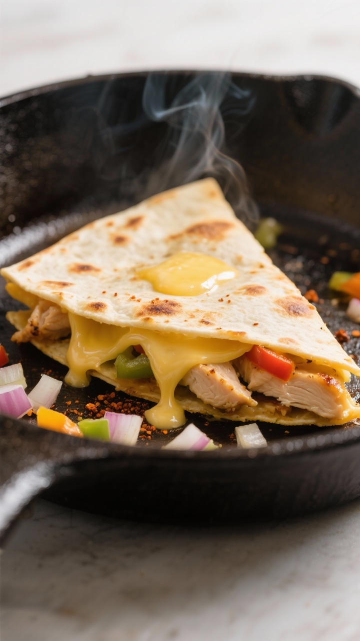 Close-up detail: A golden, folded chicken quesadilla sizzling in a cast-iron skillet mid-cook, edges