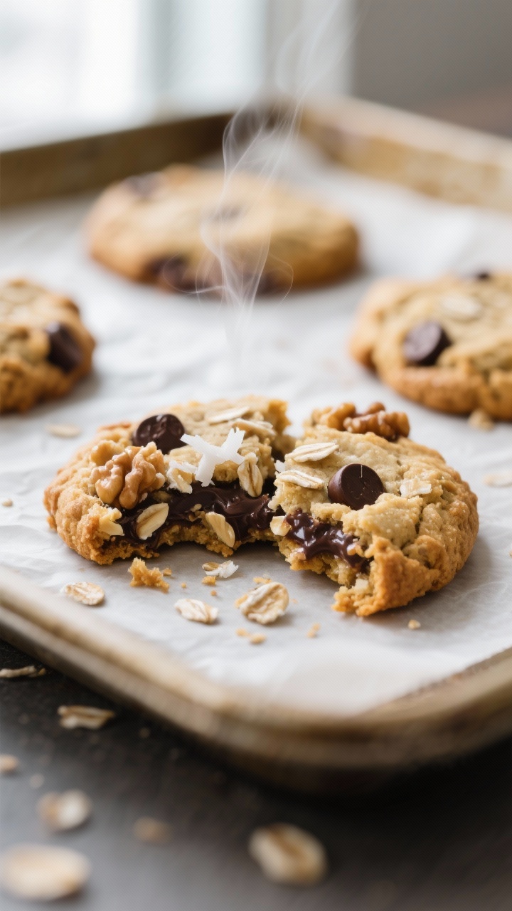 Close-up detail: A just-baked oatmeal breakfast cookie broken in half, steam subtly rising, showing 