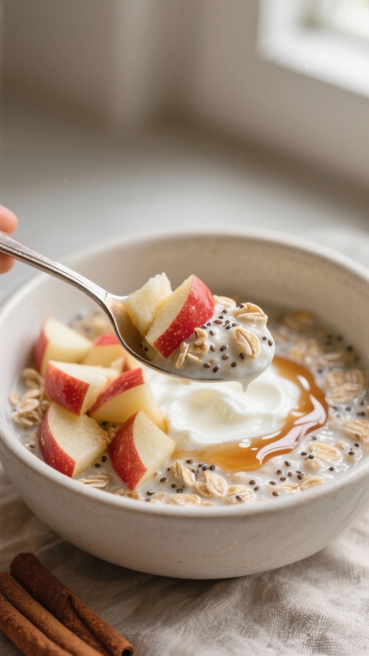 Close-up detail: A spoon scooping into creamy apple cinnamon overnight oats just after chilling, sho