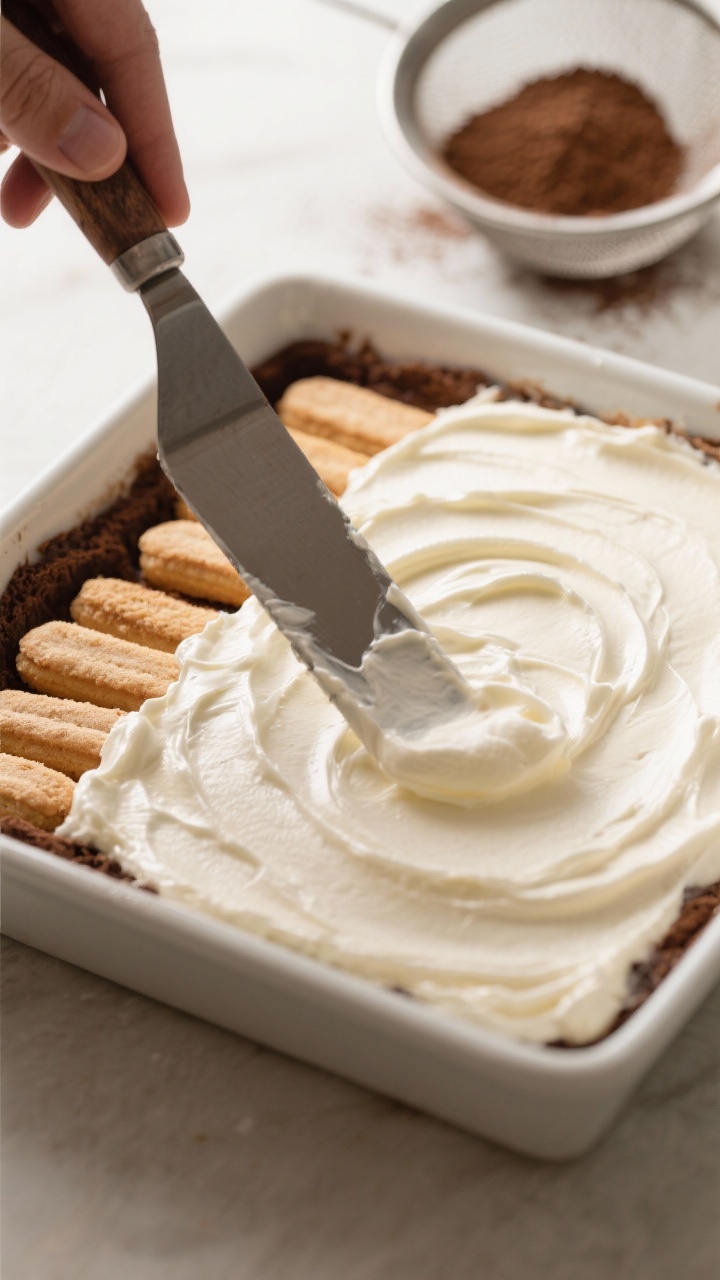 Close-up detail: A tight macro shot of the mascarpone-cream layer being smoothed over a base of espr