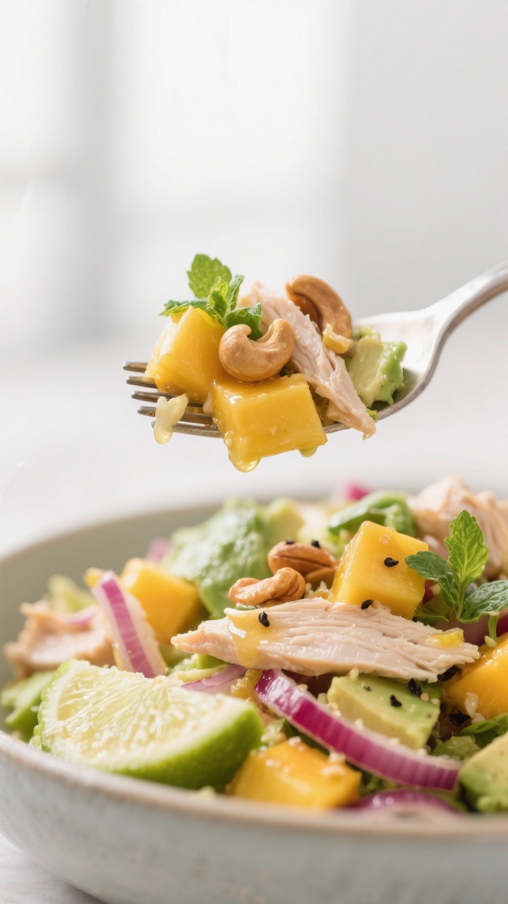 Close-up detail: A vibrant forkful of prepared Mango Chicken Salad lifted above a bowl, showing juic