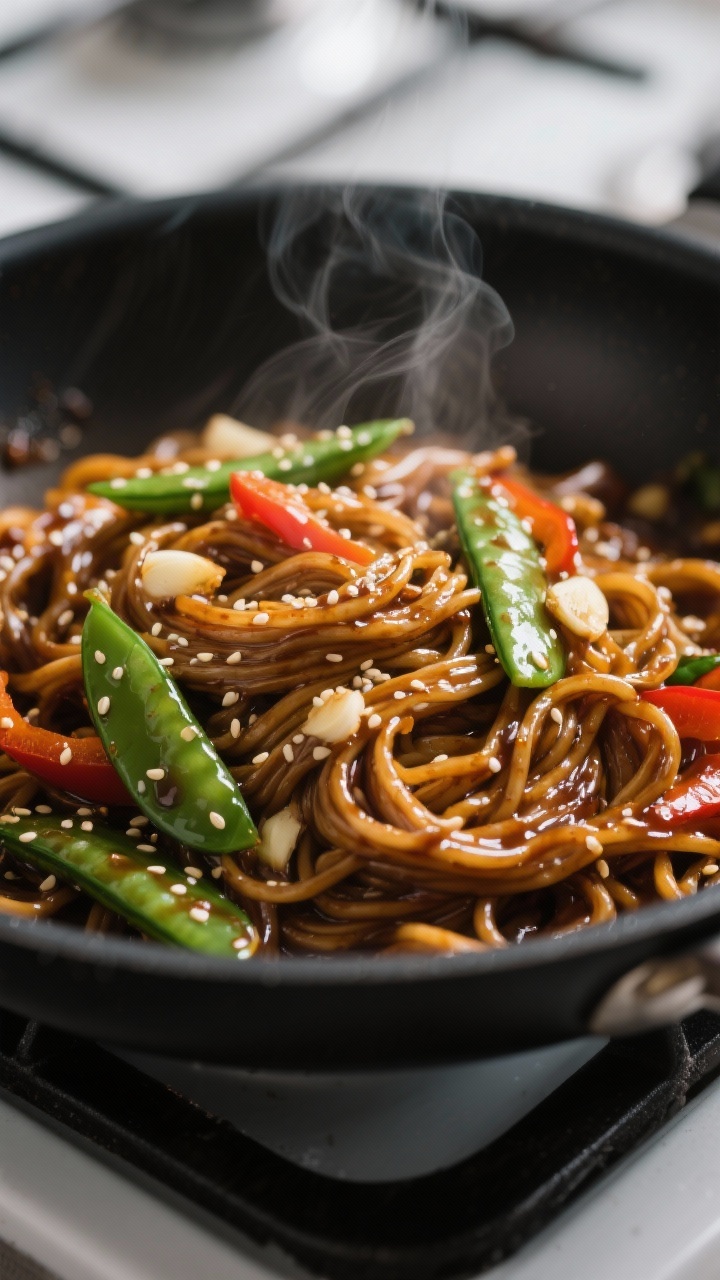 Close-up detail: Glossy teriyaki noodles just tossed in the pan, strands coated in a silky, thickene