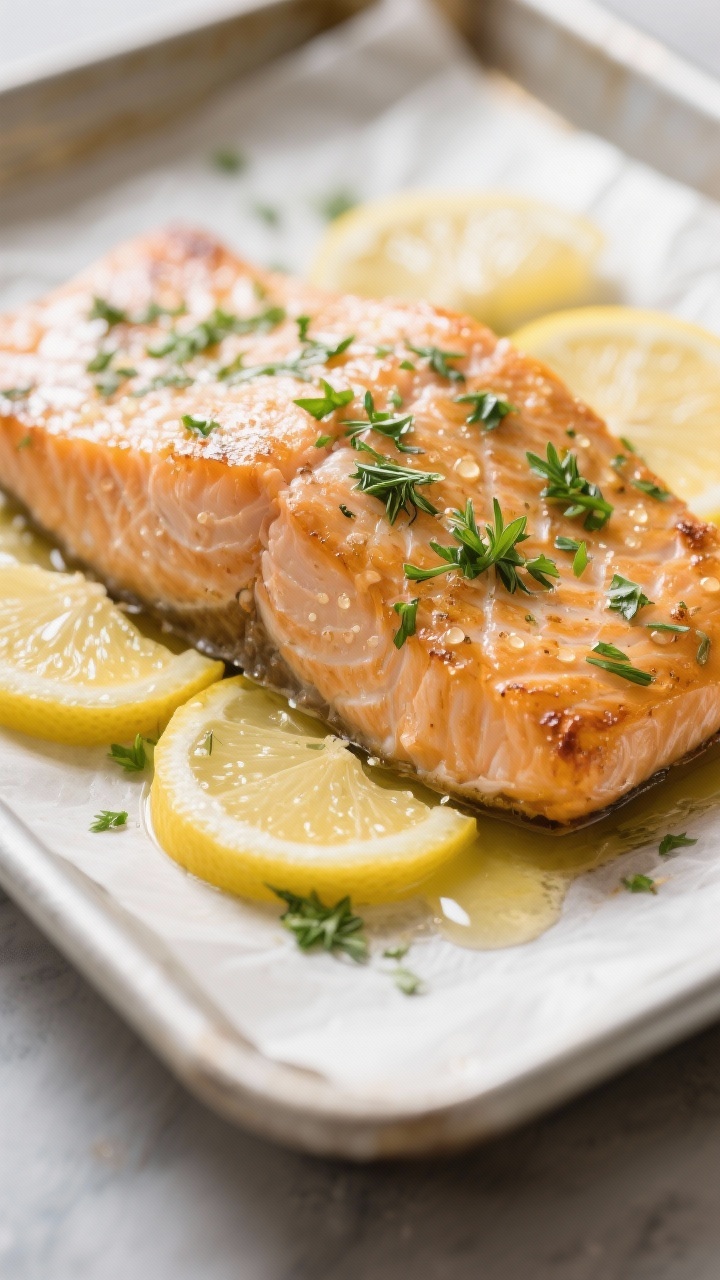 Close-up detail: Golden-roasted lemon herb salmon just out of the oven, highlighting flaky, moist fl