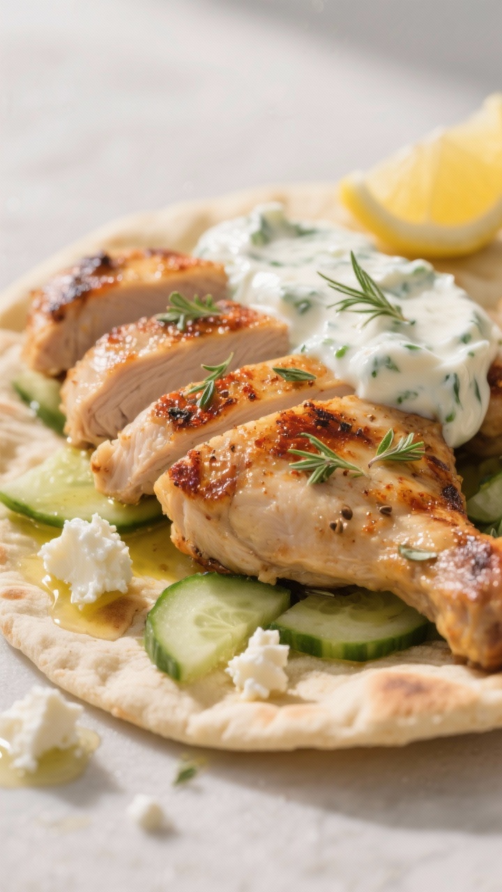 Close-up detail of freshly seared Greek chicken thigh slices resting on a warm pita, showing caramel