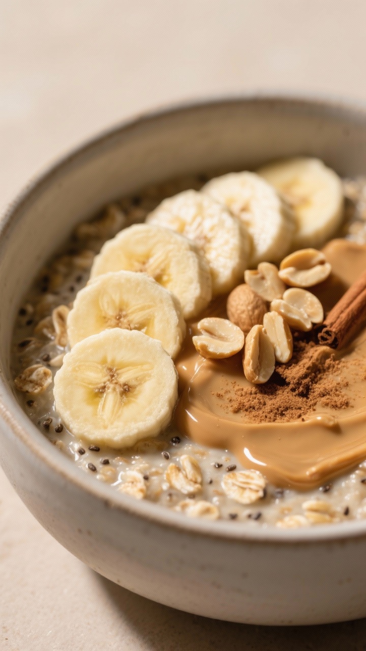 Close-up detail of the Peanut Butter Banana overnight oats after the morning stir: ultra-creamy oats