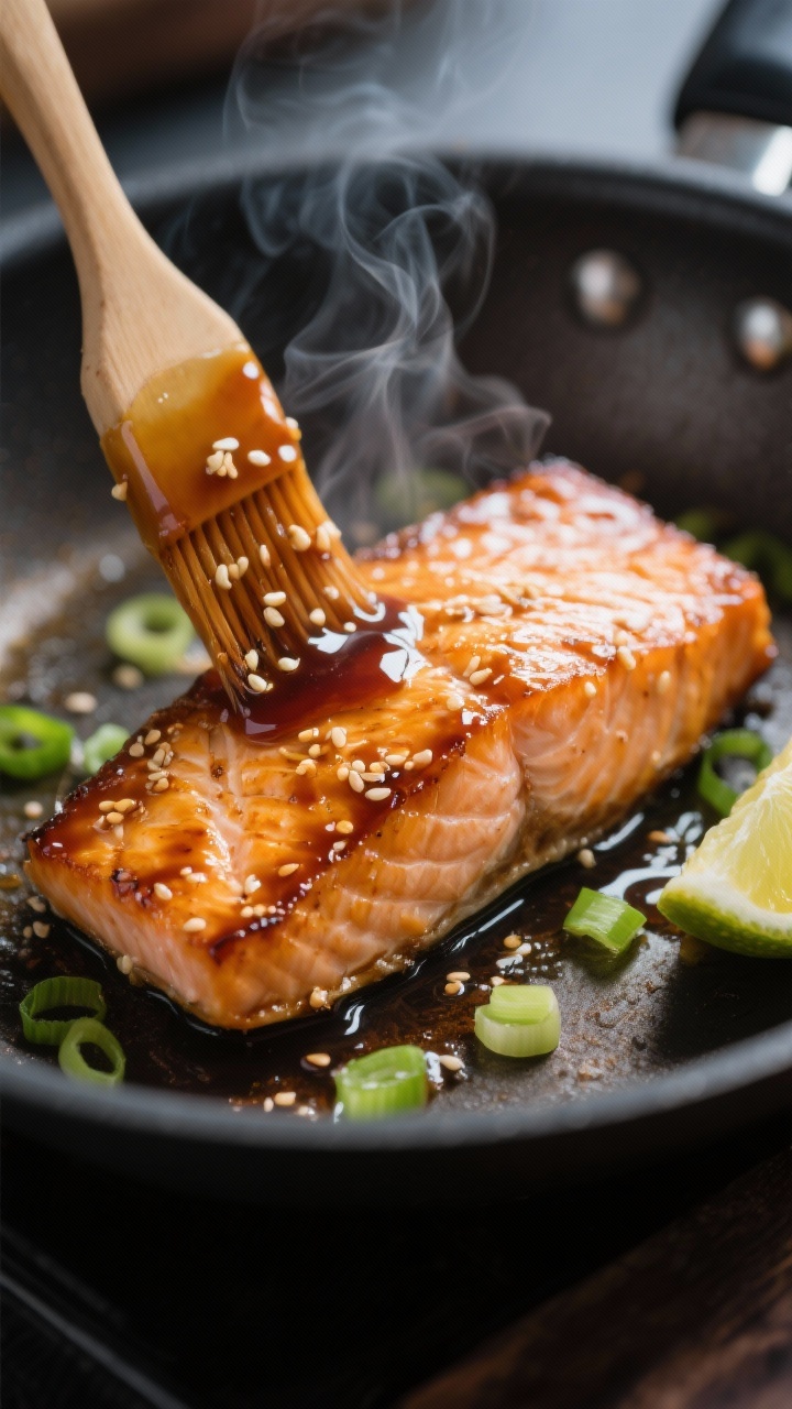 Close-up detail: Pan-seared teriyaki salmon fillet in the last minute of cooking, glossy thickened s