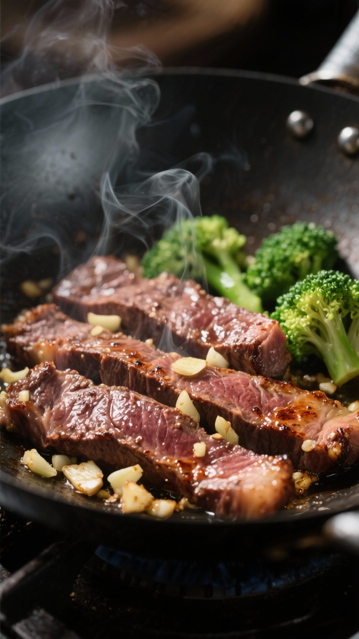 Close-up detail: Searing thin-sliced flank steak in a wok, edges caramelized and glossy, tossed with