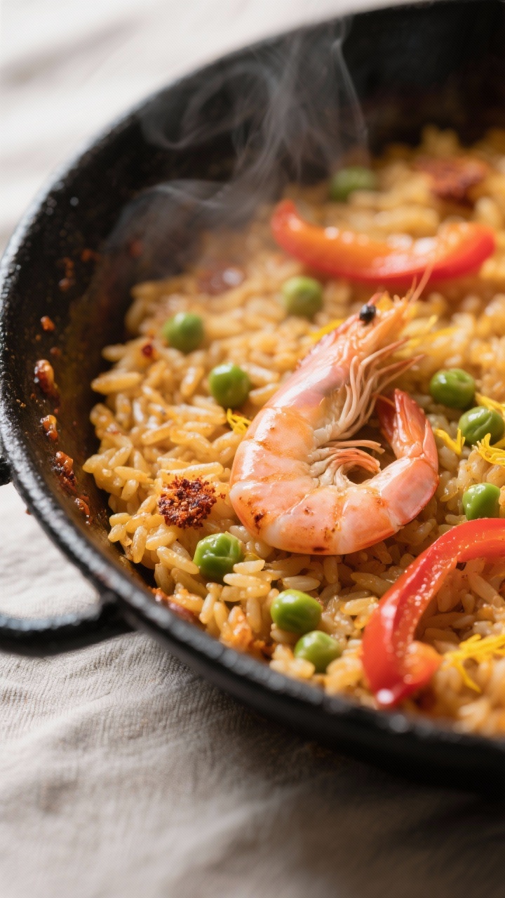 Close-up detail: Shallow depth-of-field macro of golden socarrat on the bottom of a wide skillet of