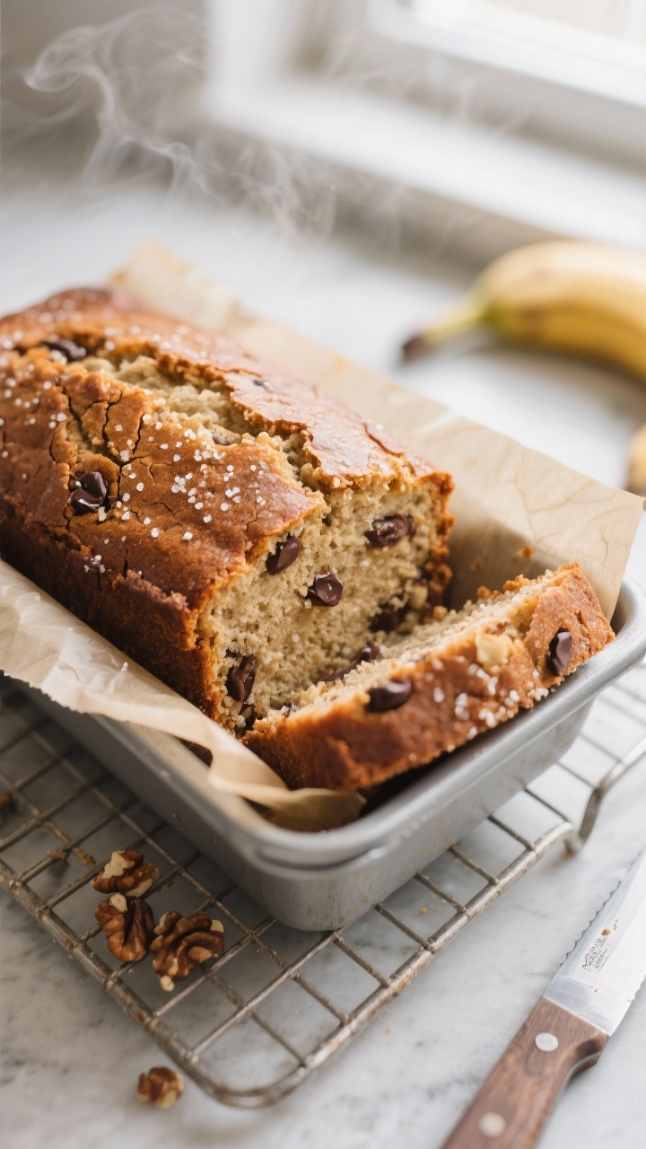 Close-up detail shot: A freshly baked banana bread loaf just lifted from a parchment-slinged 9x5-inc