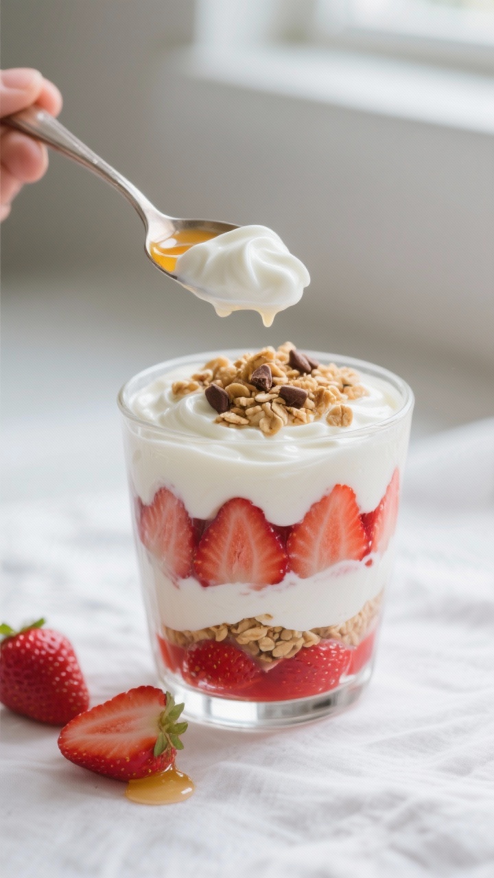 Close-up detail shot: A spoon digging into a layered strawberry yogurt parfait in a clear tumbler, s