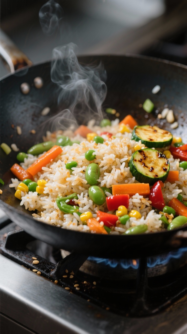 Close-up detail shot: A wok of sizzling veggie fried rice mid-cook, showing distinct, separate grain