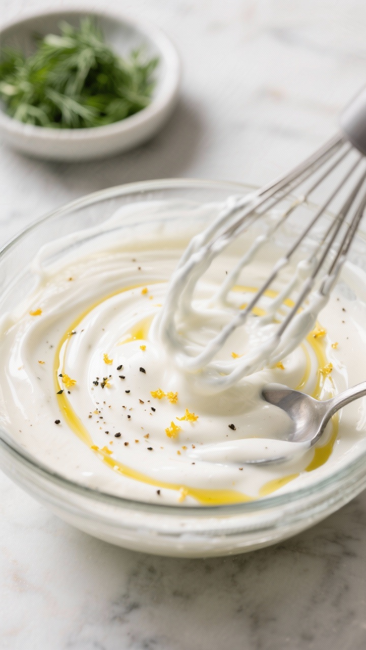 Close-up detail shot: Greek yogurt dressing being whisked to silky smoothness in a wide glass bowl,