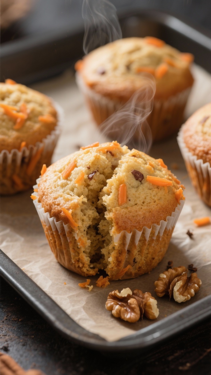 Close-up detail shot of freshly baked carrot cake muffins just out of the tin, showing split, domed 