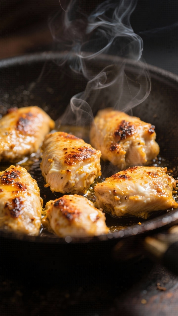 Close-up detail shot: Searing marinated chicken pieces in a heavy skillet, lightly charred edges and