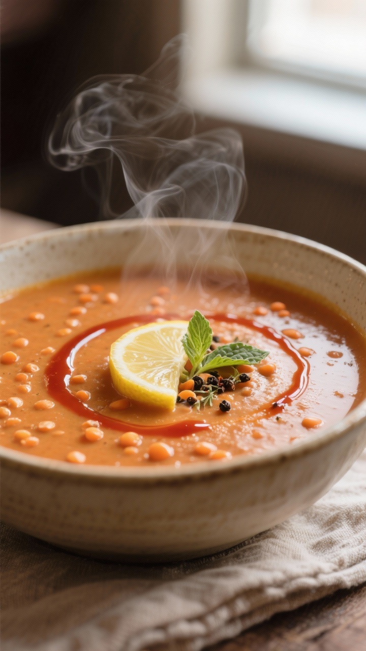 Close-up detail: Silky Turkish red lentil soup just after blending, steam rising, velvety texture wi