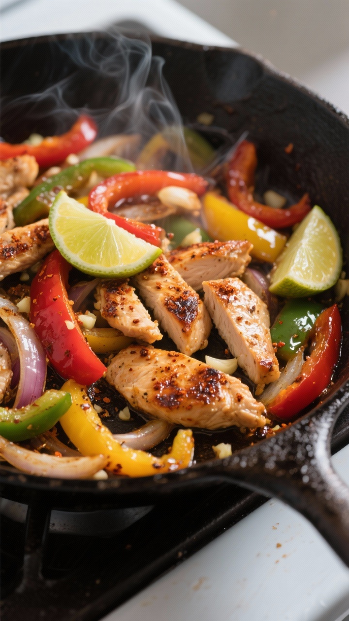 Close-up detail: Sizzling chicken fajitas finishing in the skillet — browned, juicy chicken strips