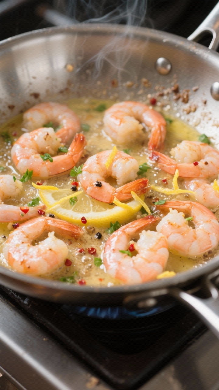 Close-up detail: Sizzling lemon butter shrimp in a stainless steel skillet mid-cook, shrimp just opa