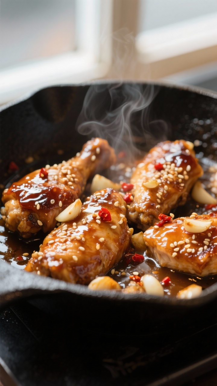 Close-up detail: Sticky honey garlic chicken just after tossing in the glossy, thickened sauce, capt