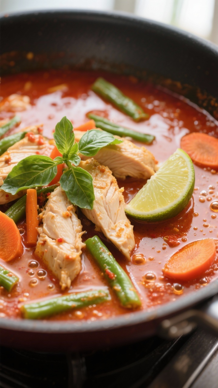 Close-up detail: Thai red curry sauce simmering in a wide skillet, showing glossy, creamy coconut mi