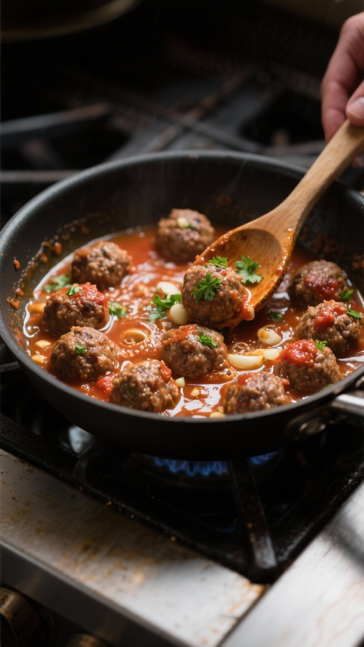 Cooking process action: Meatballs returned to the skillet after searing, simmering gently in chicken