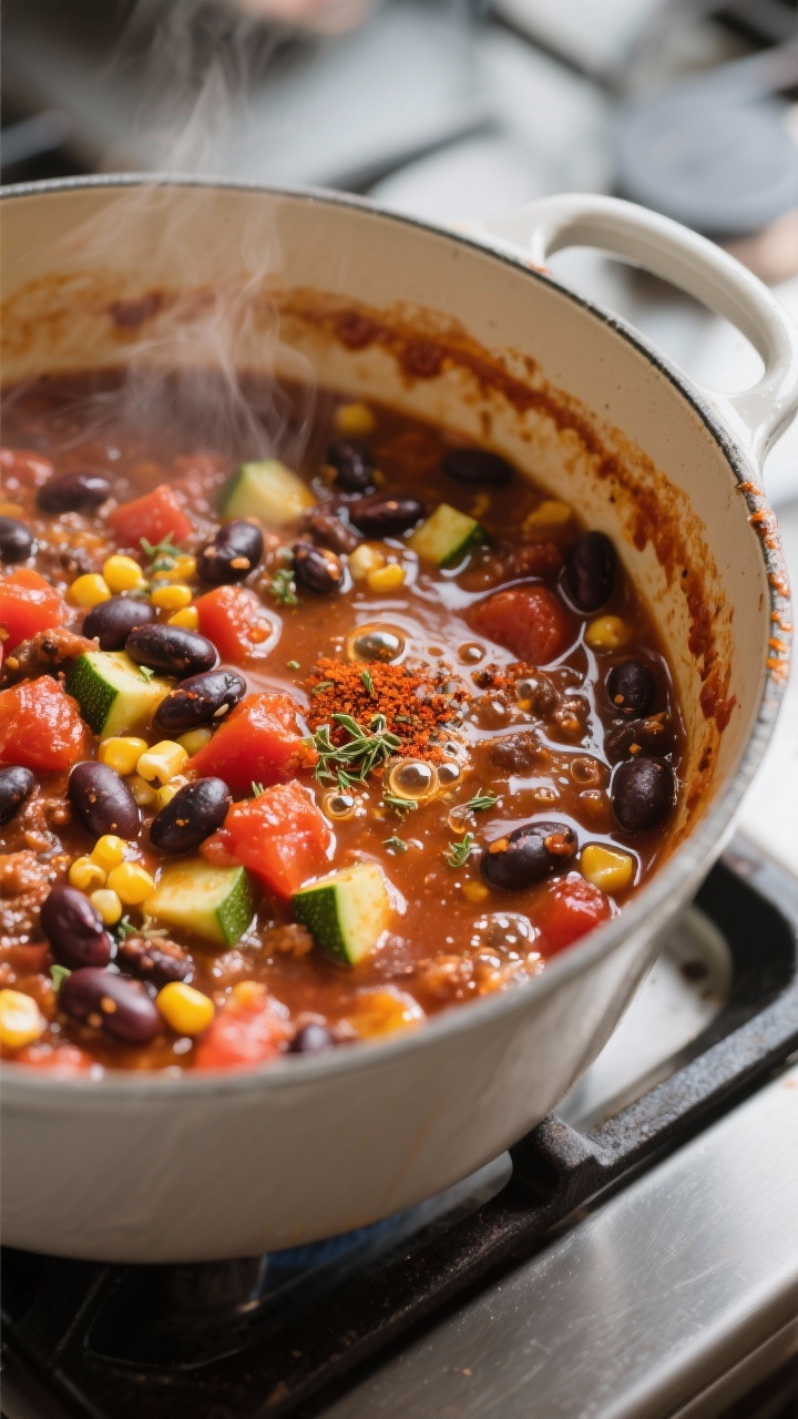 Cooking process, close-up: A tight, steamy shot of vegetarian chili simmering in a Dutch oven, showi