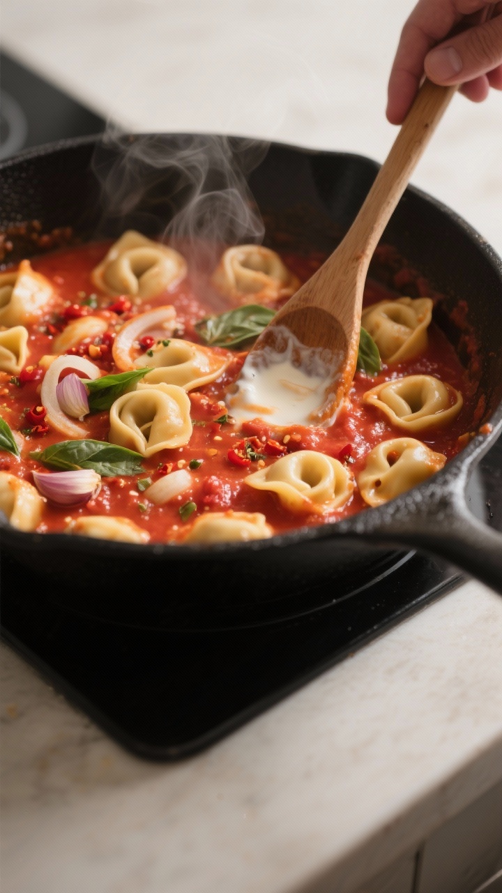 Cooking process, close-up: Close-up of cheese tortellini gently simmering in a one-pan tomato-basil 