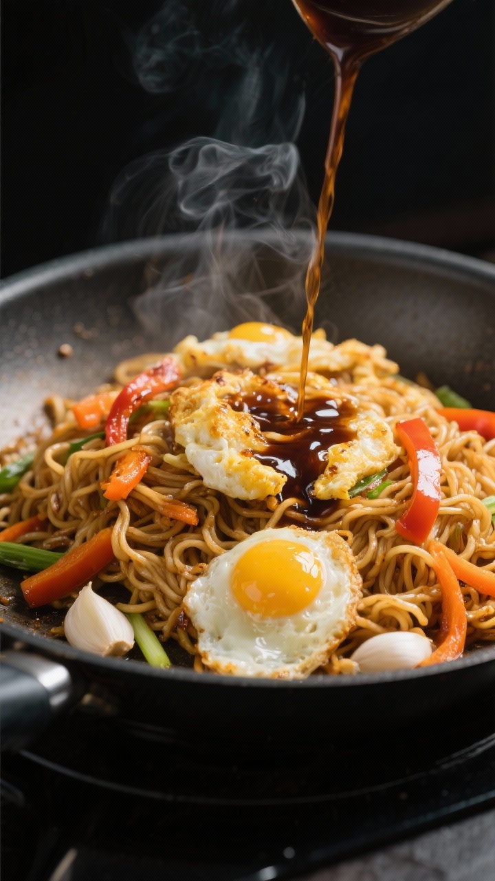 Cooking process, close-up detail: Egg fried noodles mid-stir in a sizzling skillet, glossy soy–oys