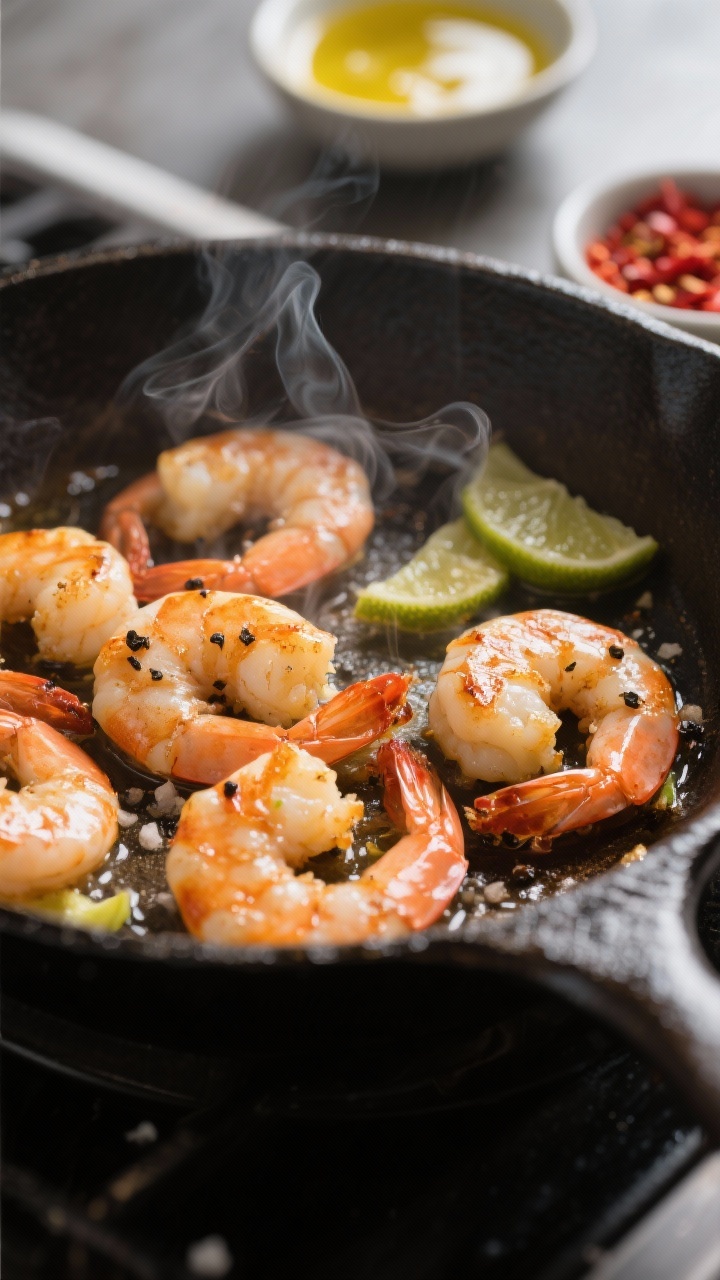 Cooking process, close-up detail: Medium-close shot of shrimp sizzling in a hot skillet, just-turnin