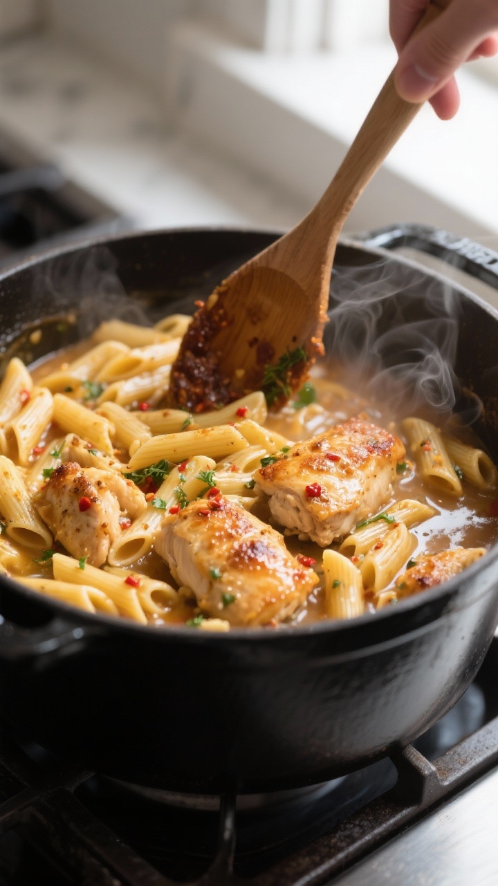 Cooking process close-up: In a matte black Dutch oven, al dente penne and bite-size golden-browned c