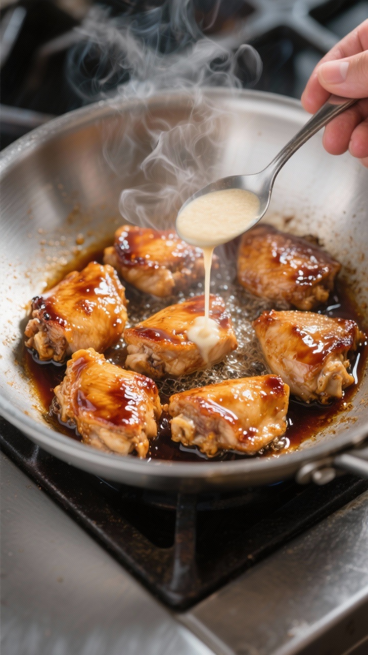 Cooking process close-up: Searing teriyaki chicken thigh pieces in a wide stainless-steel skillet, m