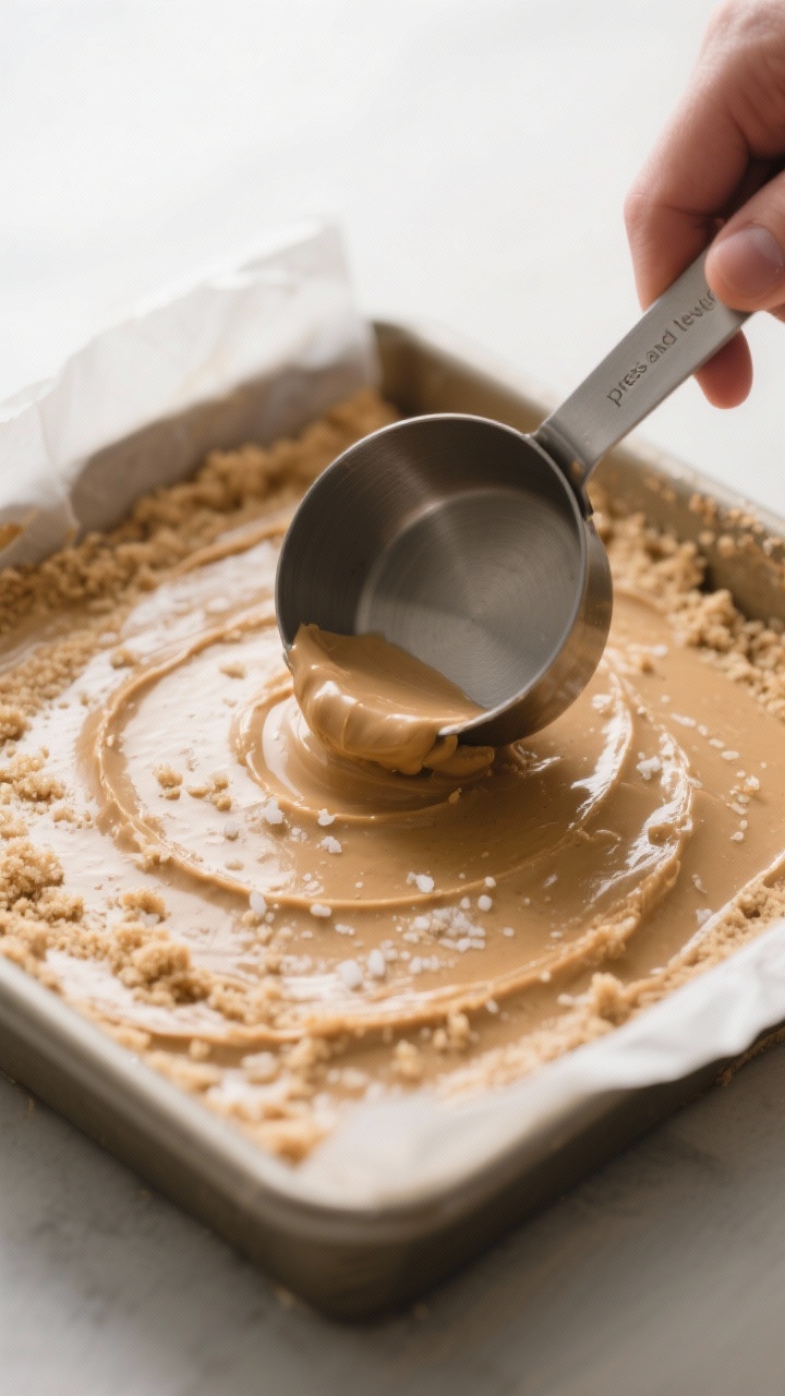 Cooking process close-up: The peanut butter base being firmly pressed into a parchment-lined 8x8-inc