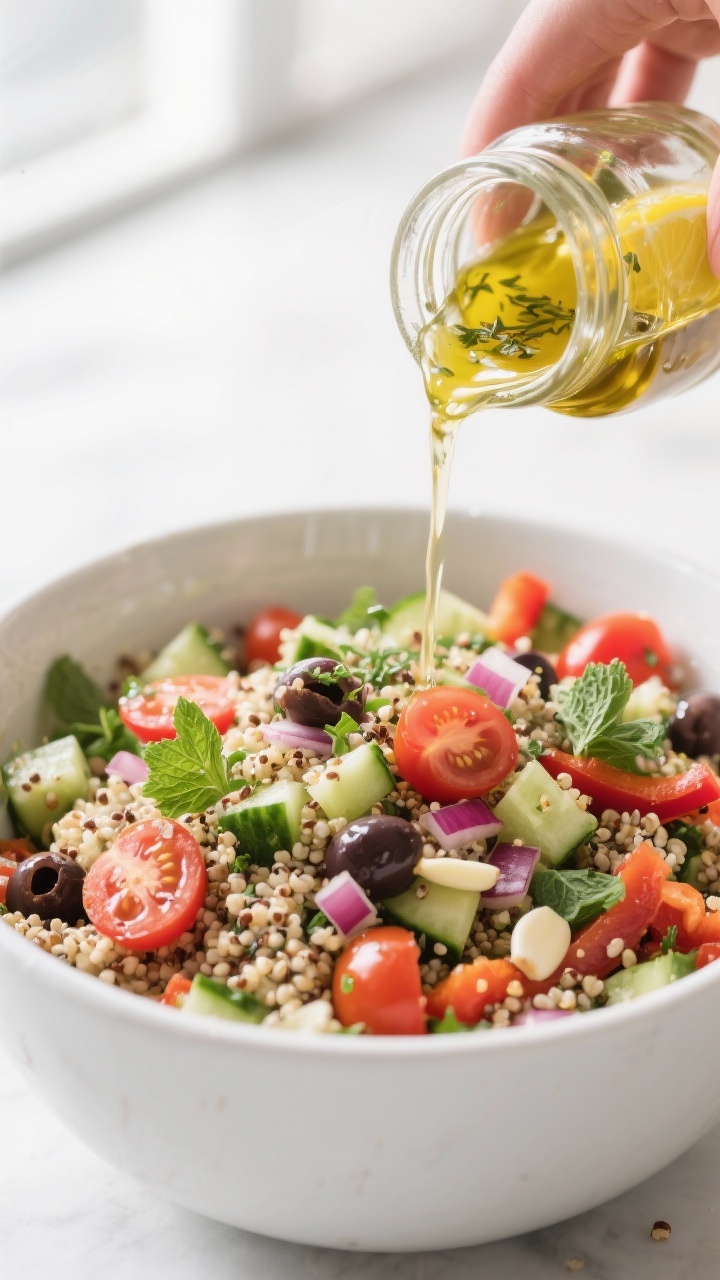 Cooking process: Mediterranean Quinoa Salad being tossed in a large white mixing bowl—cooled quino