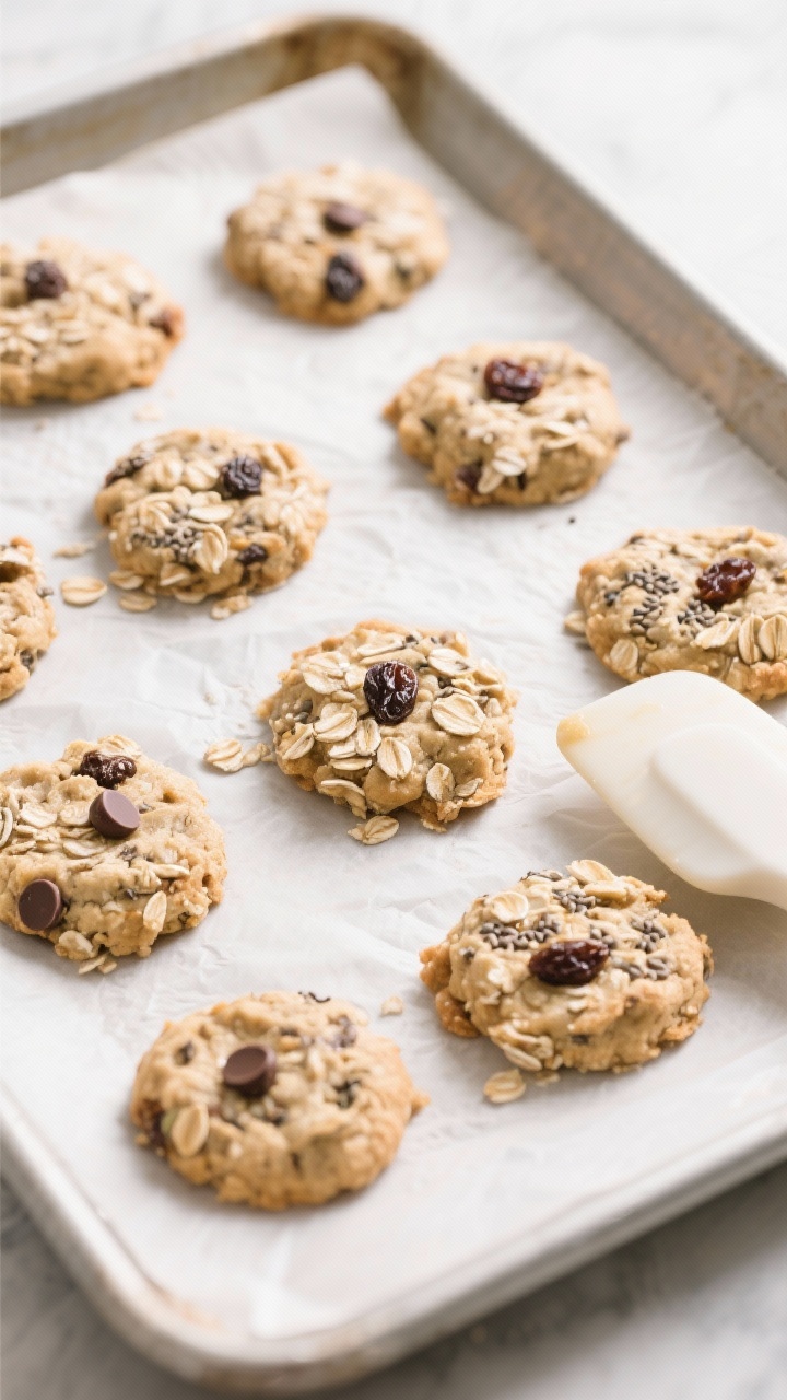 Cooking process: Overhead shot of scooped and gently flattened oatmeal cookie mounds on a parchment-