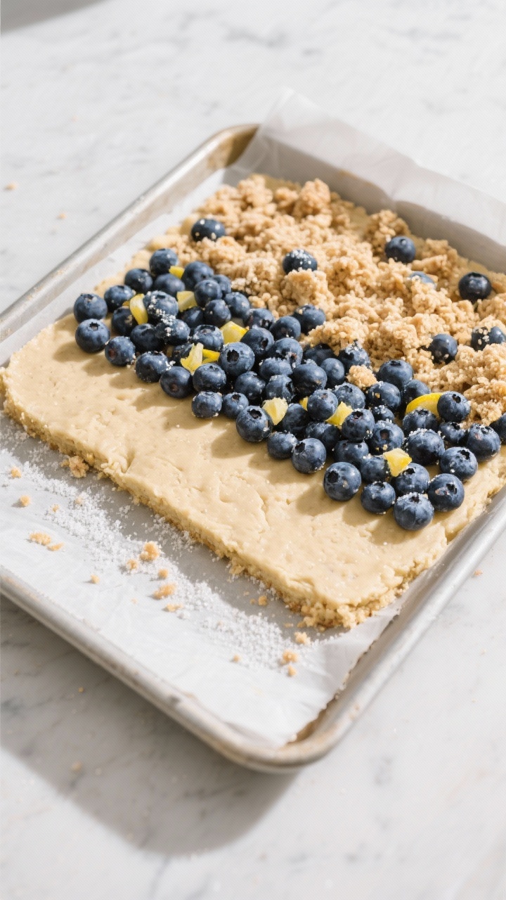 Cooking process: Overhead shot of the assembled bars just before bakingโtwo-thirds of the dough fi