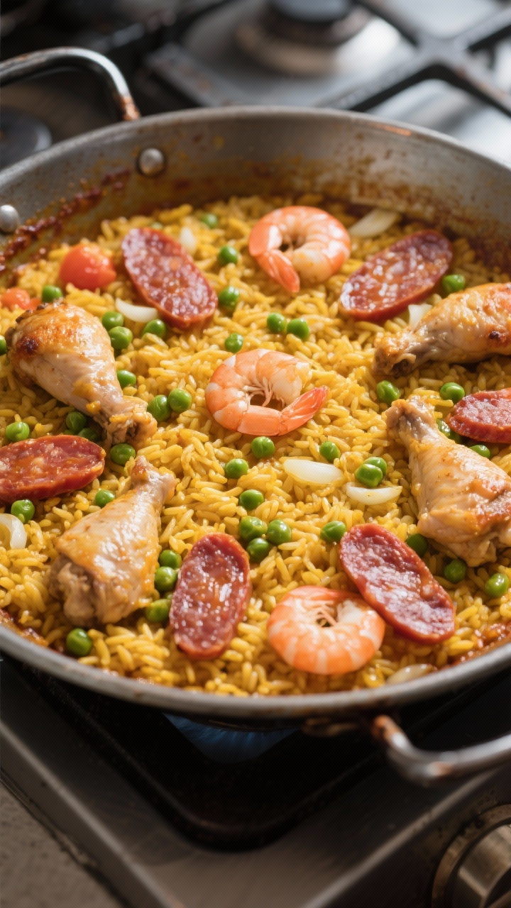 Cooking process: Overhead shot of the paella mid-simmer right after arranging proteins, no stirring.