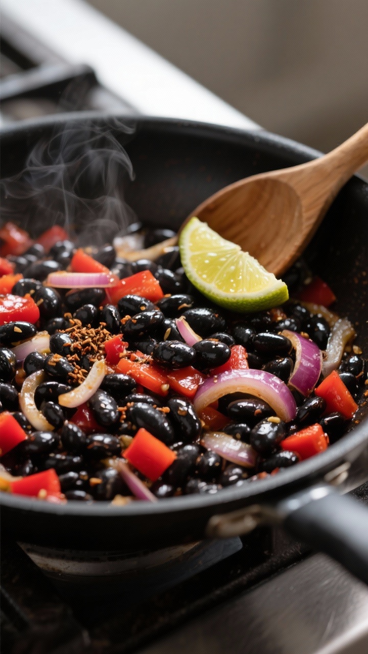 Cooking process: Sautรฉed black beans with softened red onion and diced red bell pepper in a matte b