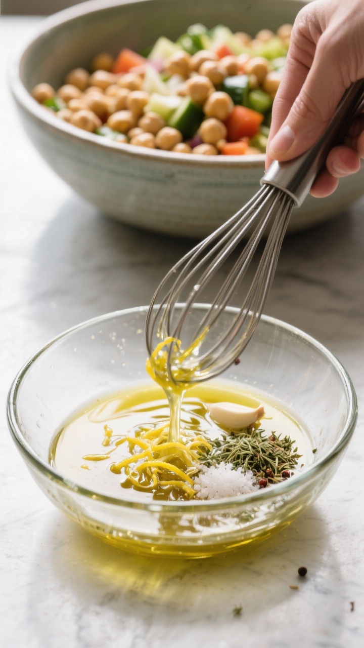 Cooking process scene: The dressing being whisked to a silky emulsion in a clear glass bowl—visibl