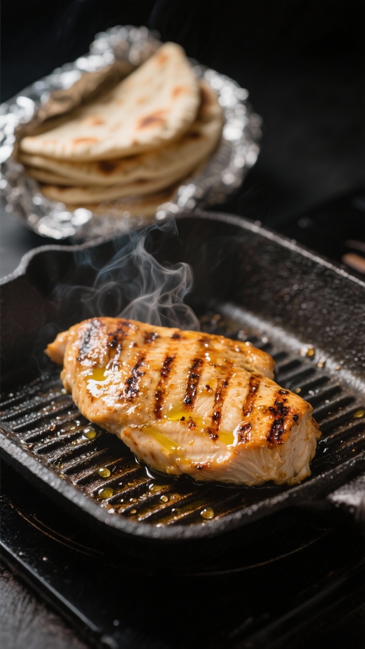 Cooking process shot: marinated chicken sizzling on a hot cast-iron grill pan, marked with deep gril
