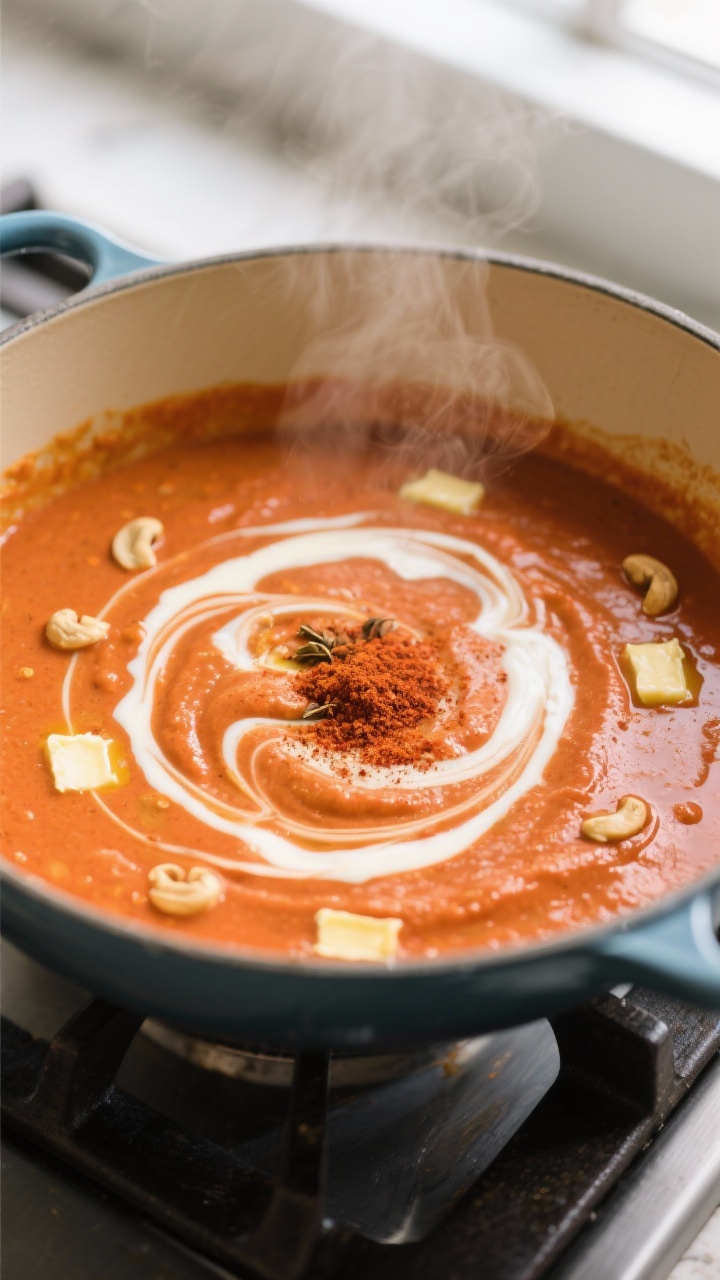 Cooking process, silky sauce moment: Overhead shot of the blended tomato-cashew butter sauce simmeri