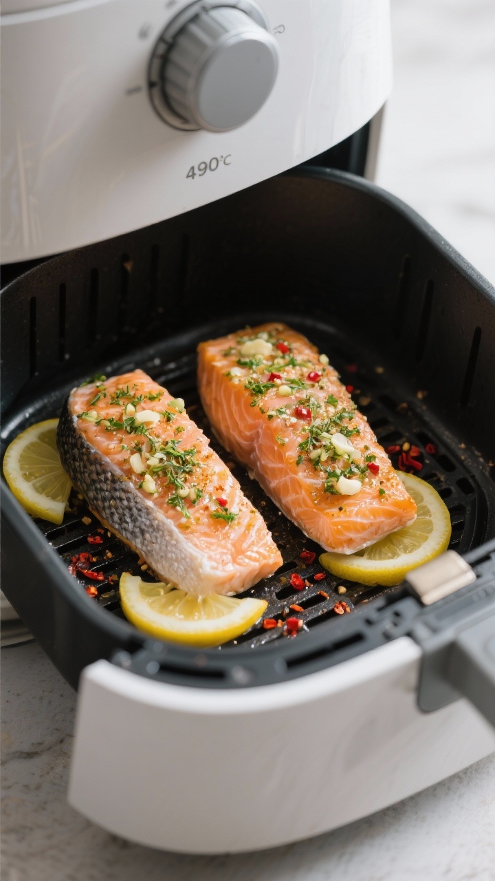 Cooking process: Skin-on salmon fillets in an air fryer basket at 390°F, mid-cook, showing lightly 