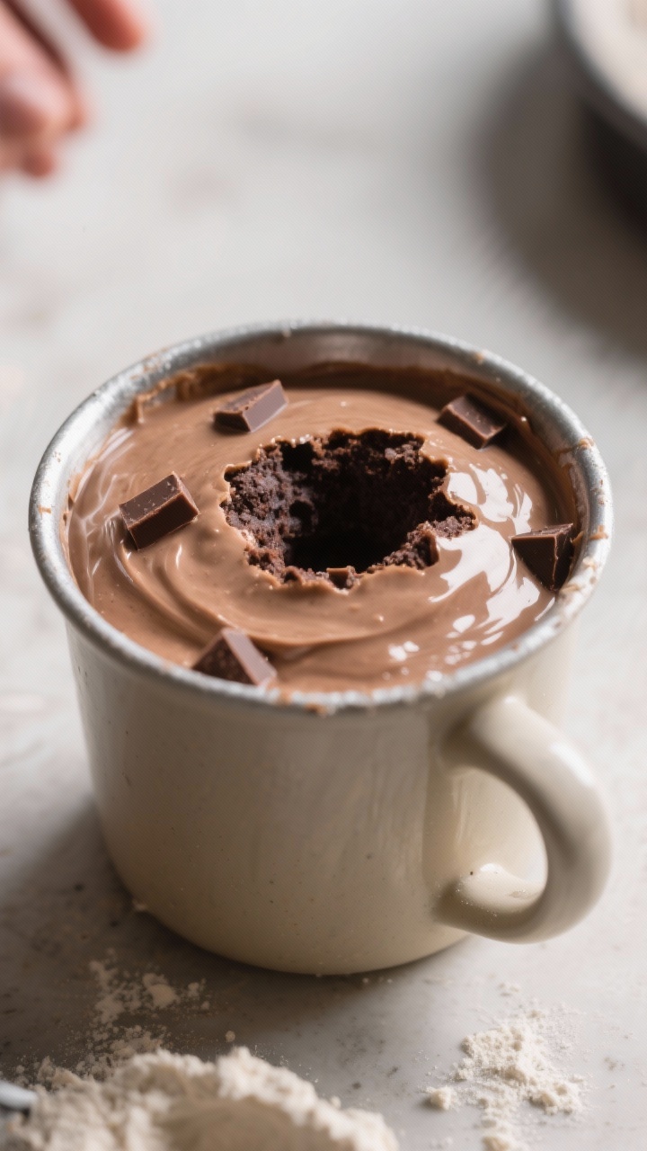 Cooking process: The thick, smooth batter in a lightly greased mug with chocolate chunks pressed int