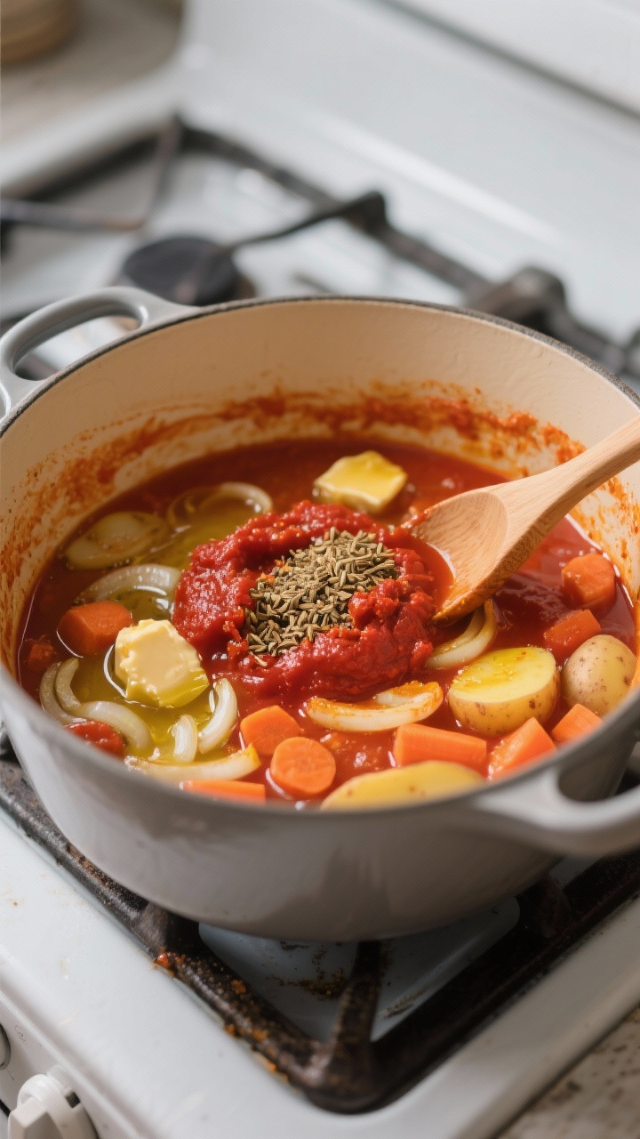 Cooking process: Tomato paste and spices blooming in butter/olive oil in a wide pot—deepened tomat