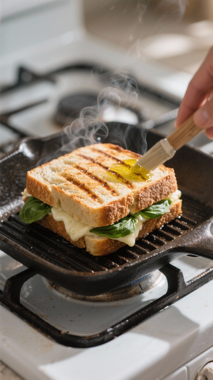 Cooking process: Warm panini version being pressed in a ridged cast-iron grill panโsandwich closed