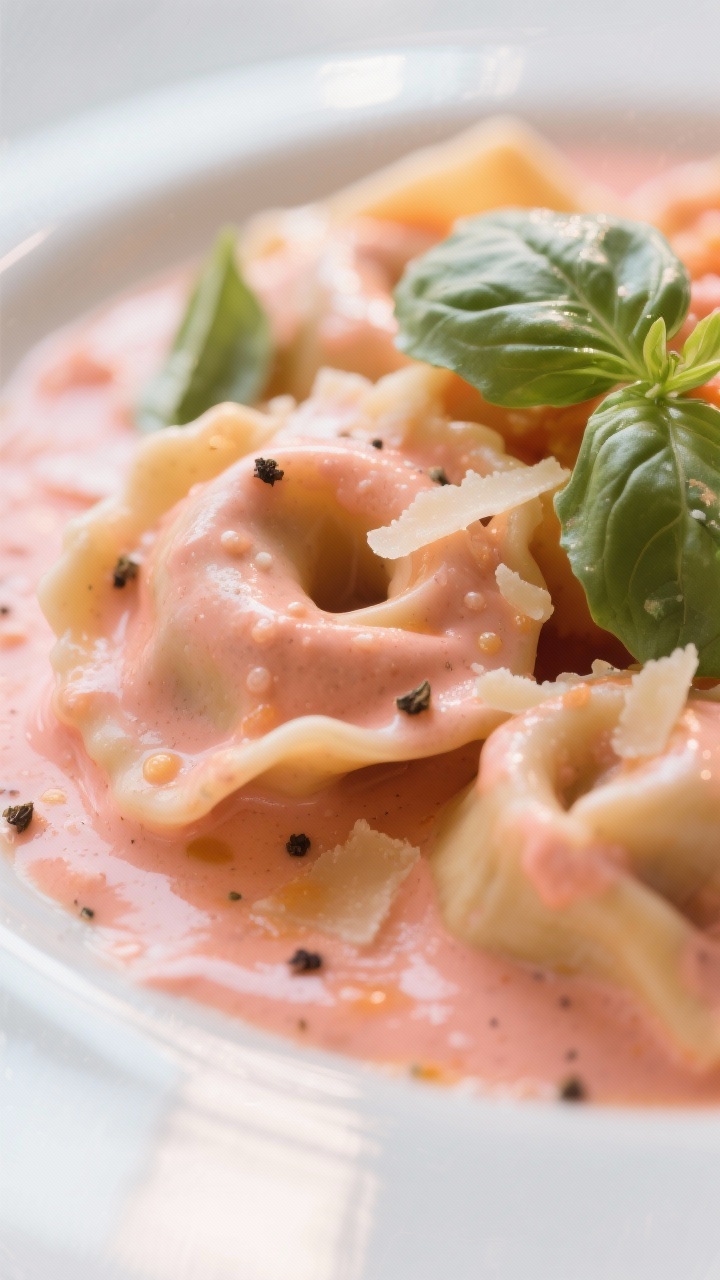 Creamy finish detail: Macro shot of tortellini coated in silky pink-orange tomato cream sauce just a