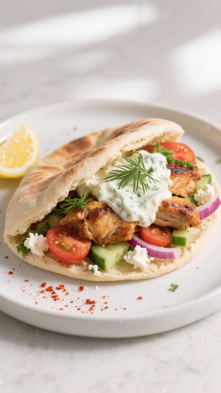 Final dish, handheld-style plating: Warm, soft Greek-style pita folded and overflowing with juicy br