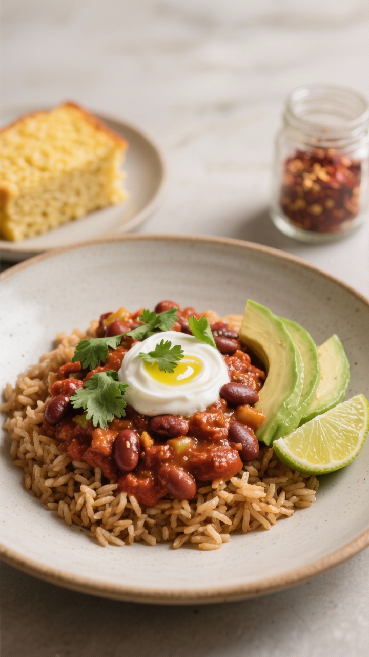 Final dish, plated comfort: A beauty plate of vegetarian chili ladled over warm brown rice in a wide