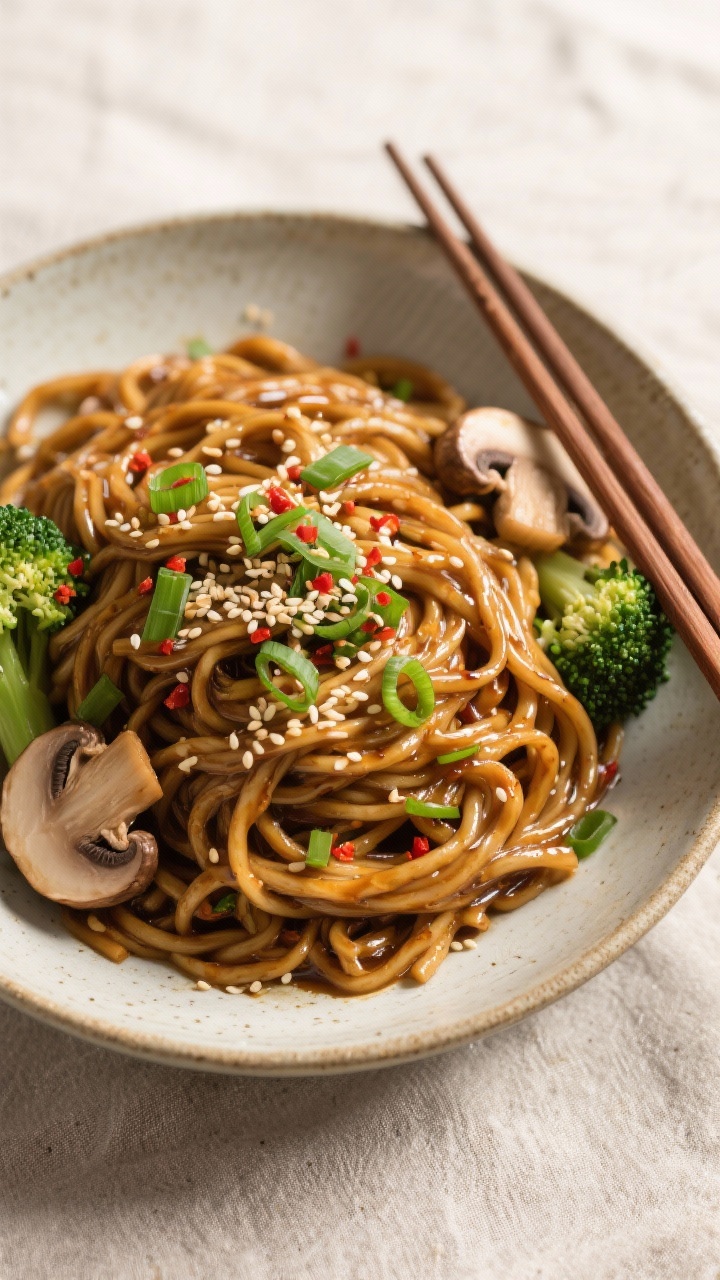 Final dish presentation: Beautifully plated 15-minute teriyaki noodles in a shallow ceramic bowl, ga
