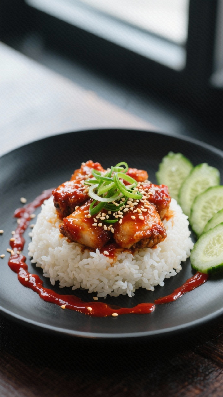 Final dish presentation: Beautifully plated Korean Spicy Gochujang Chicken over a neat mound of stea